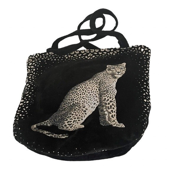 GYPSY WINGS Tote Bag Travel Black Velvety Soft Fabric Leopard Picture Handmade - Picture 3 of 7